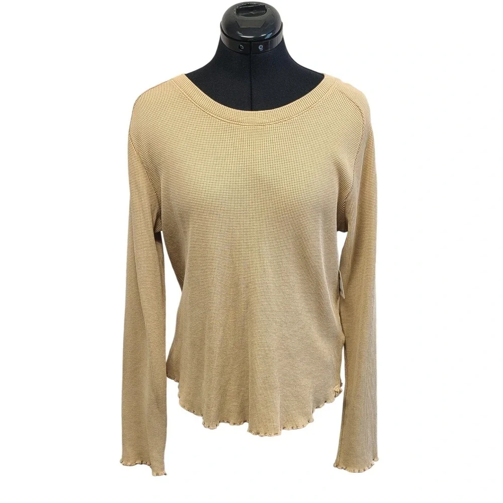 Free People We The Free Tan Waffle Knit Lettuce Hem Long‎ Sleeve Top XL
